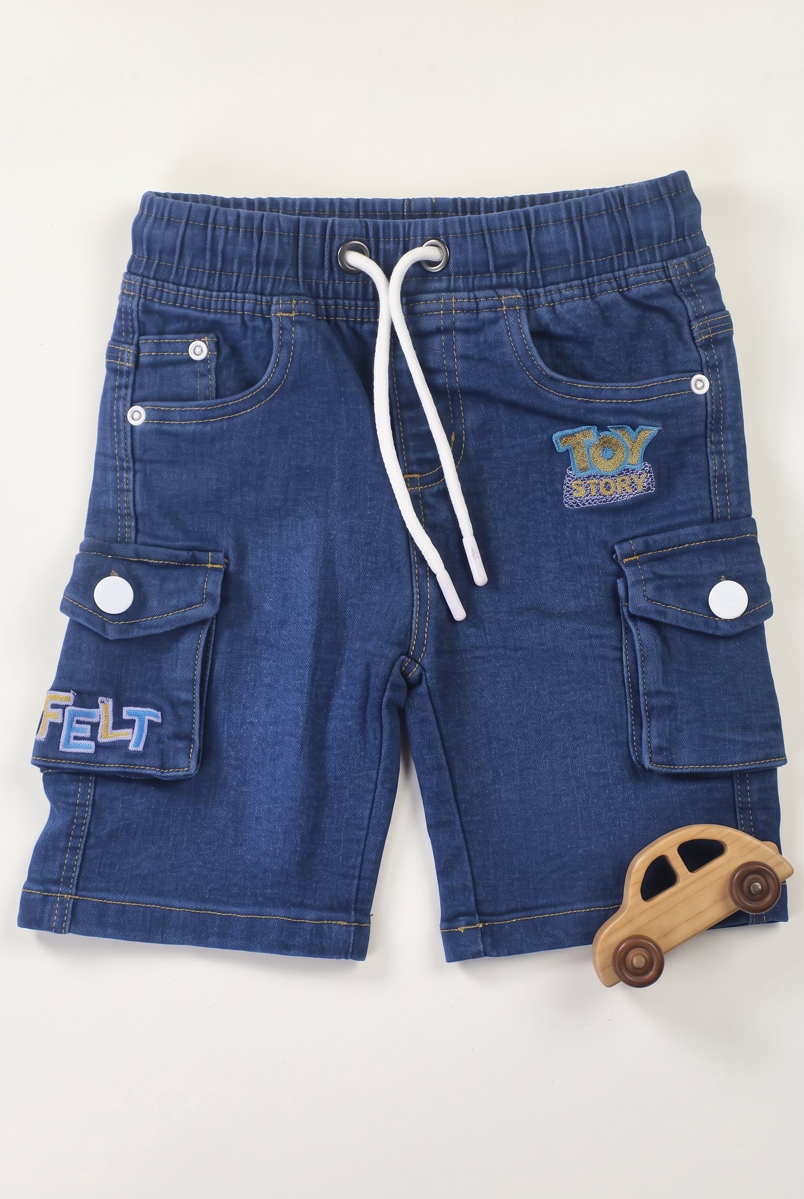P-1-2.jpg TOY STORY Navy Blue Knit Denim Shorts - Image 1